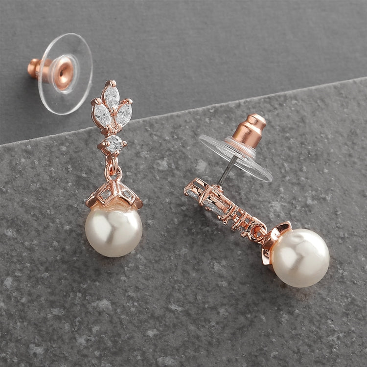 Rose Gold CZ Marquis Trio Earrings with Pearl Drop
