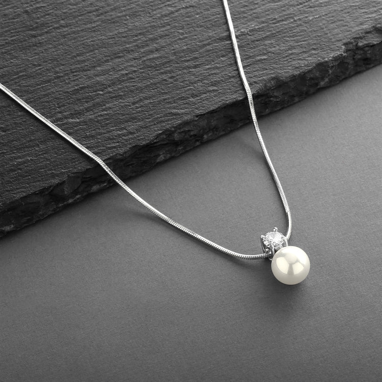 White Pearl & CZ Solitaire Bridal Necklace