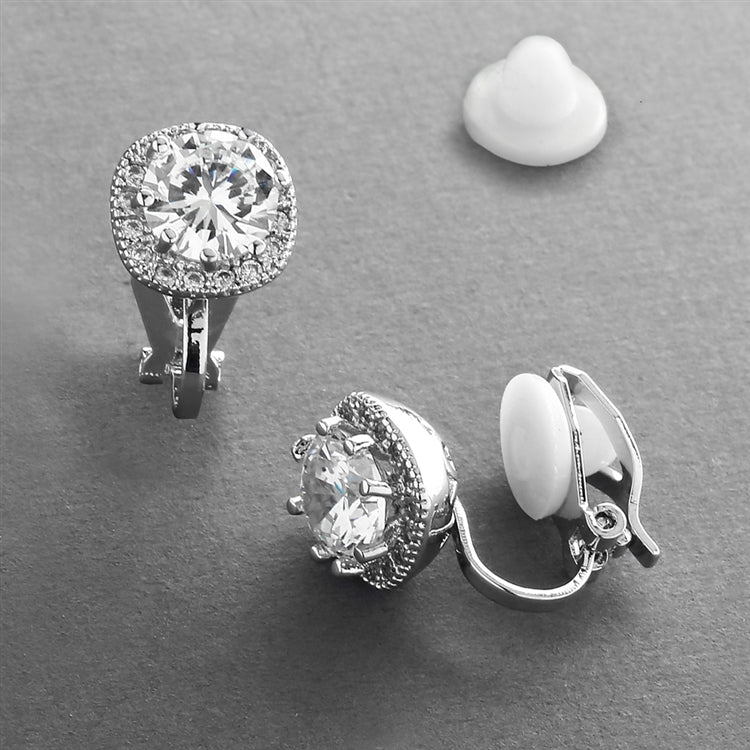 Silver Cushion Cut Clip On Earrings